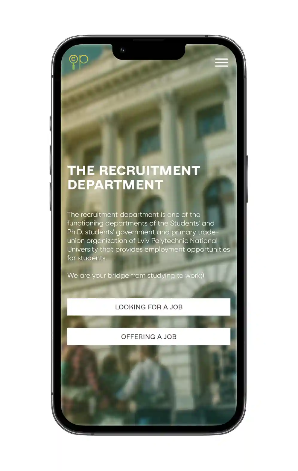 student recruit website in phone frame
